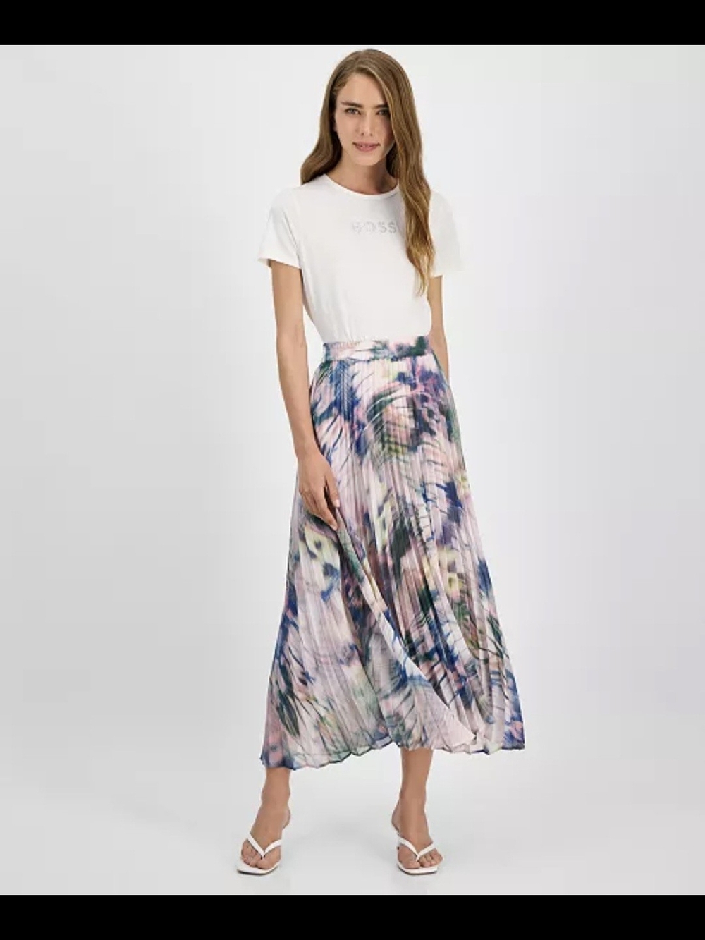 BOSS ORANGE Pleated Floral Maxi Skirt - Pink Blue Multi